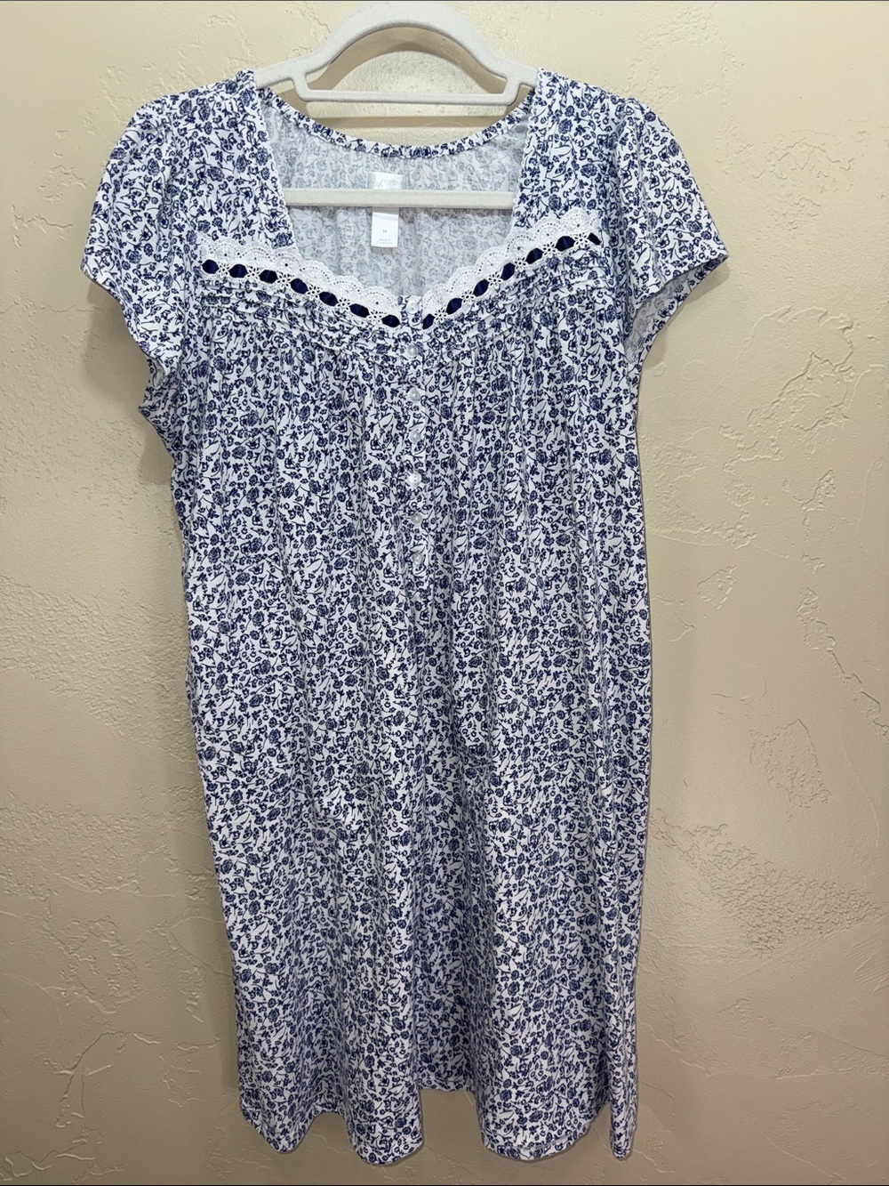 Adonna White and Blue Floral Cotton Traditional Nightgown with Lace Yoke. Size M